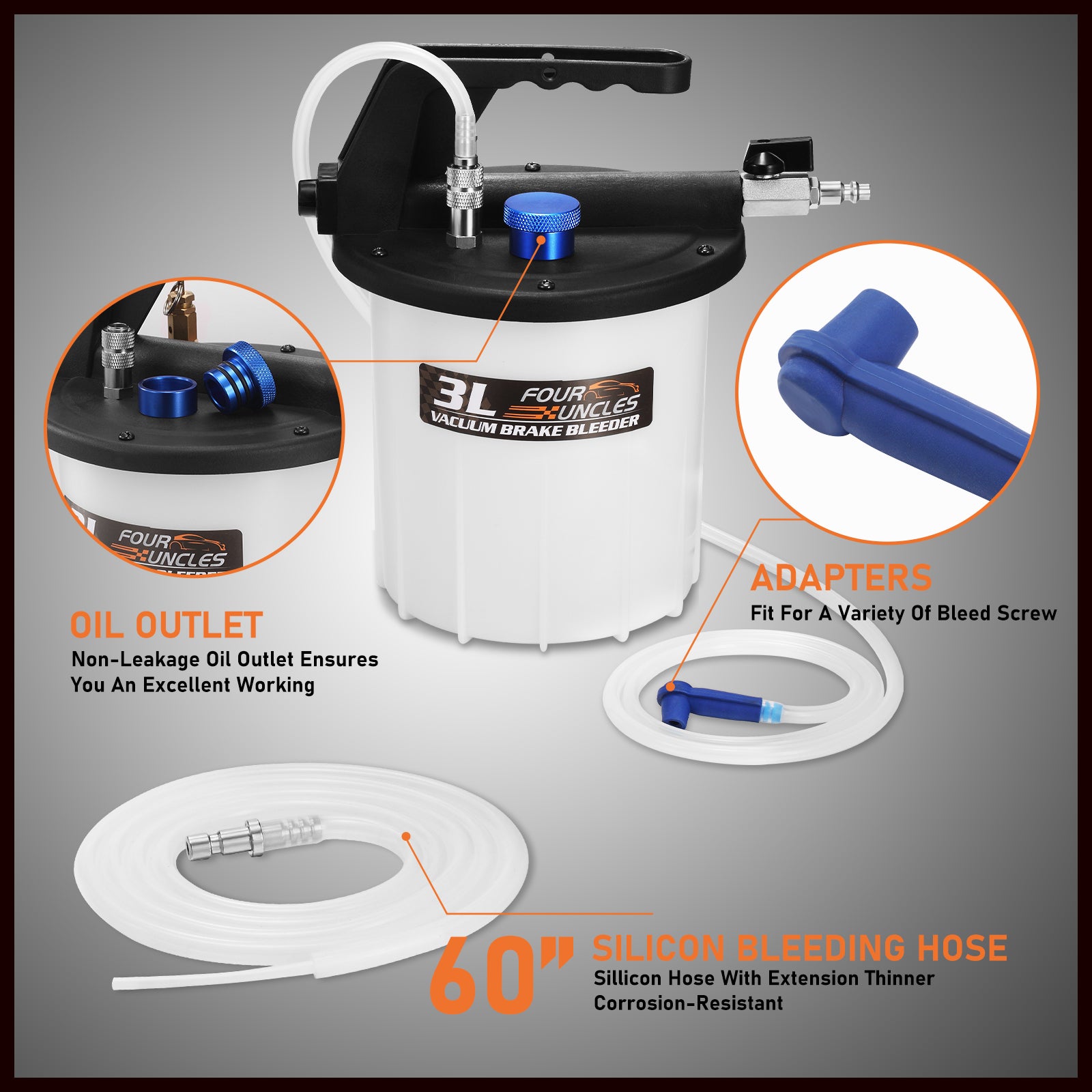 FOUR UNCLES 3L Brake Bleeder Vacuum Pump Kit - Pneumatic Brake Fluid Extractor with 1L Refilling Bottle & Adapters for Automotive Bleeding, One-Person Operation