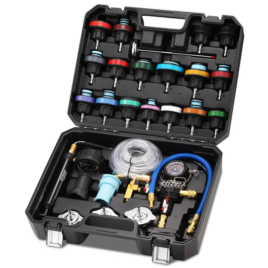 FOUR UNCLES Radiator & Coolant Pressure Tester and Vacuum Refill Kit - 28-Piece Universal Cooling System Leak Tester and Refiller for Cars Motorcycles Trucks (Black)